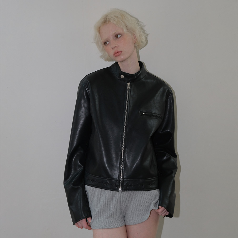 C EMBROIDERY FAUX RIDER JACKET_BLACK