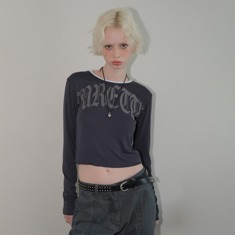 C LACE NECK LOGO T-SHIRT_CHARCOAL