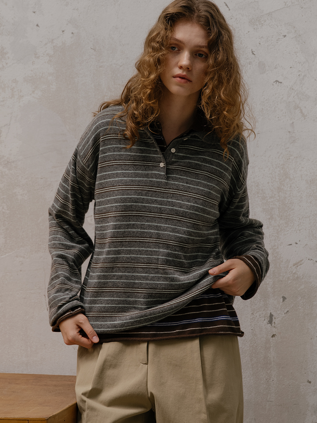 Stripe rugby collar knit FRFA01NT09_Gray