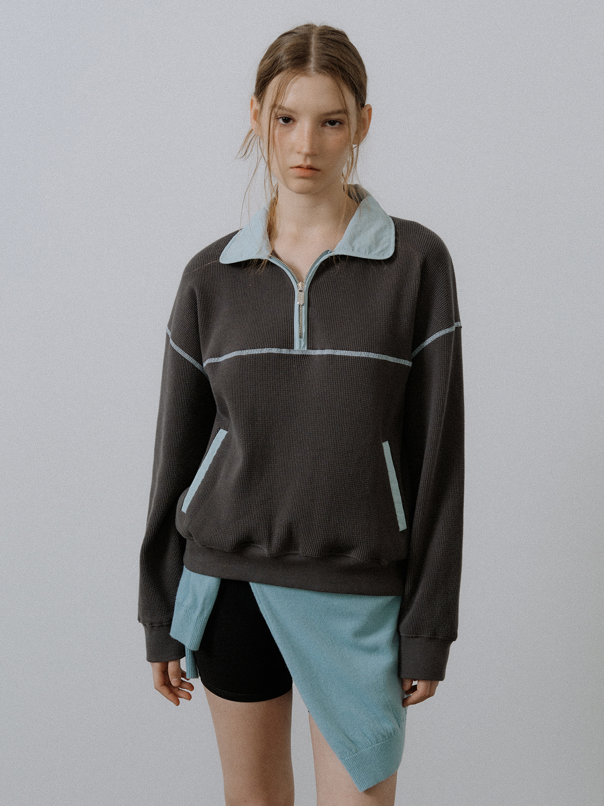 Waffle half zip-up sweatshirt [FRSP05LT11]_Charcoal