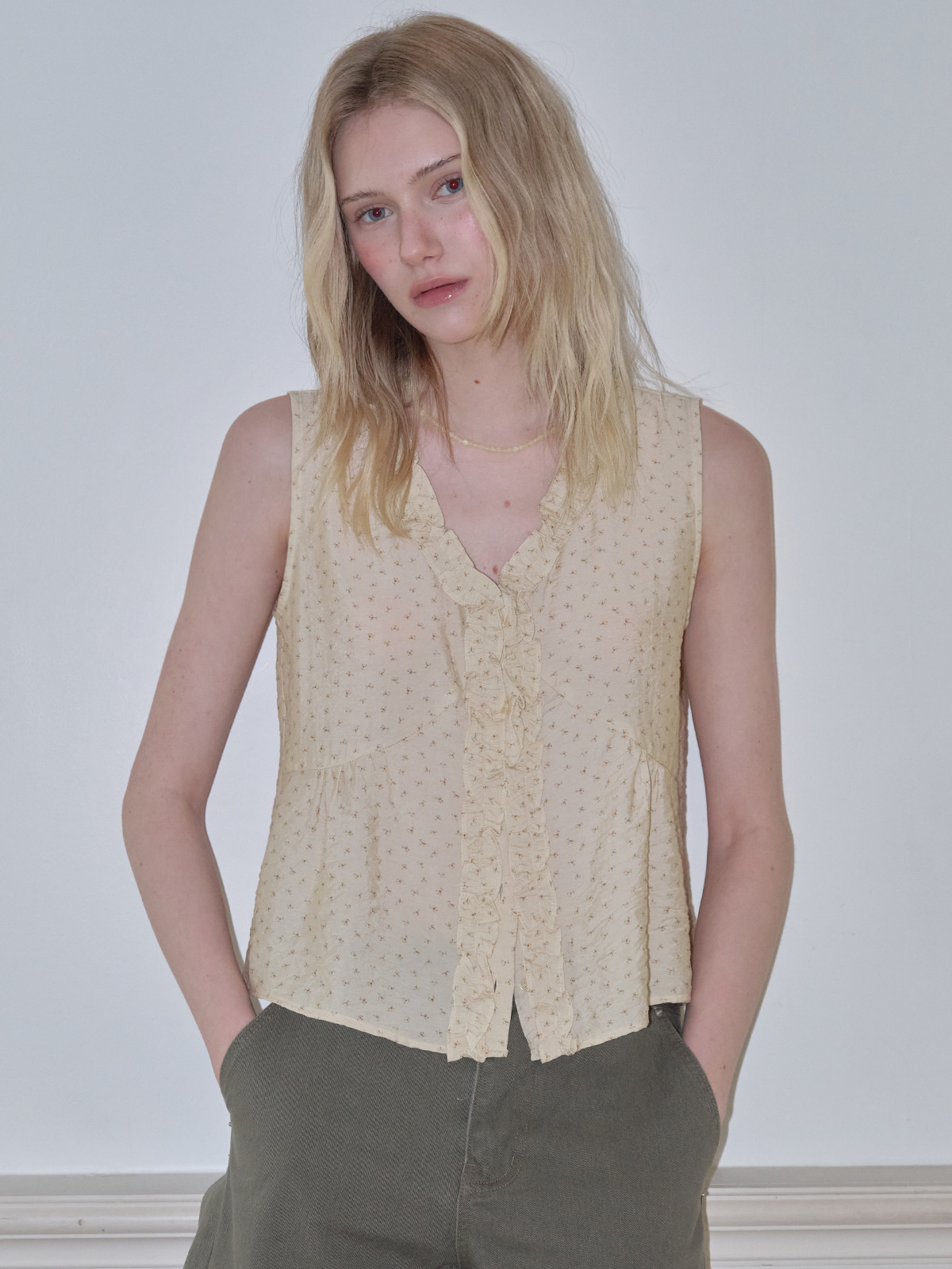 Flower frill sleeveless blouse [FRSP08BL02]_Yellow