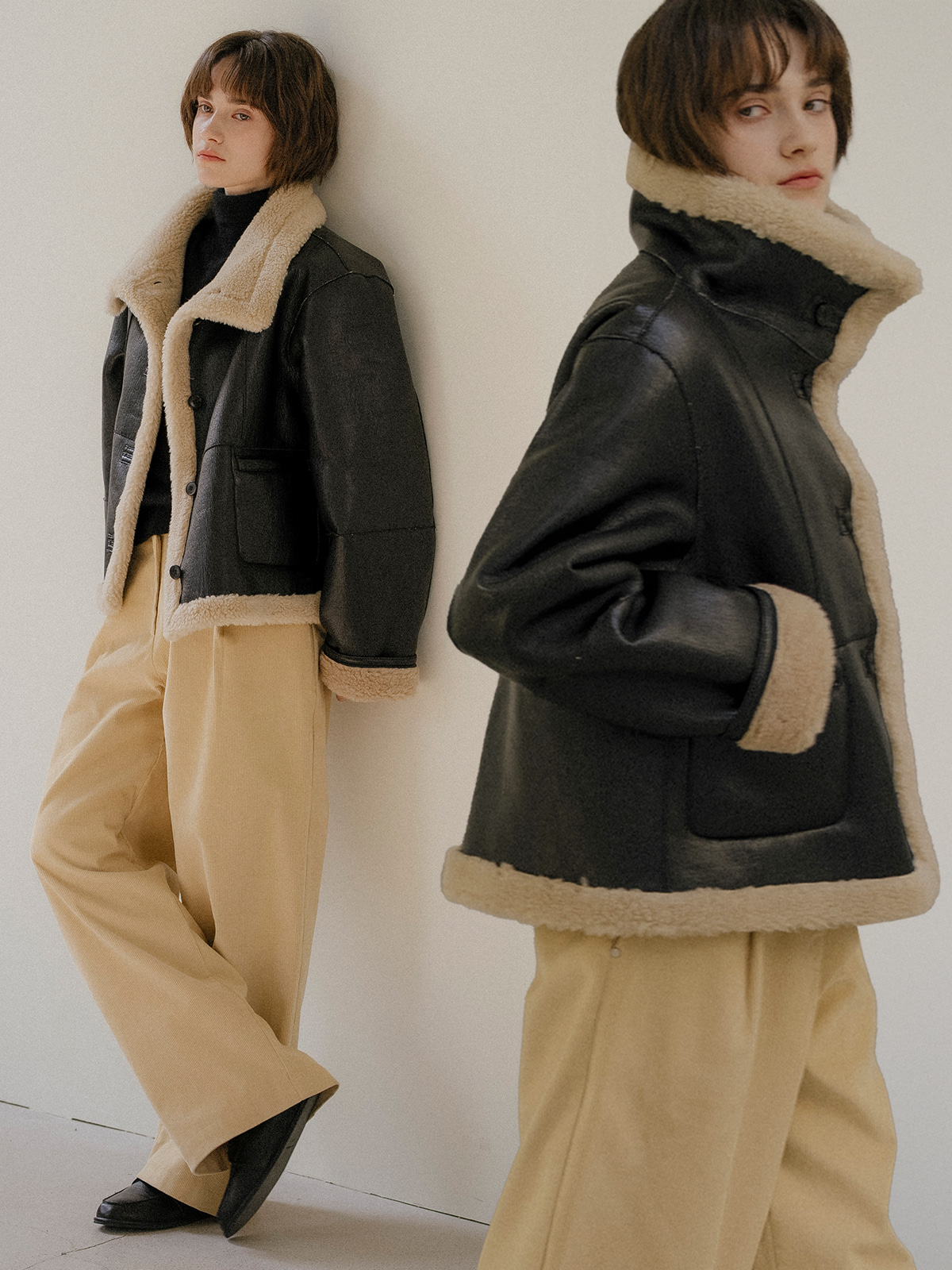 【購入特典】High Neck Faux Leather Wool Shearing Mustang [FRFA03MU02] _Black-DAEBMF6831