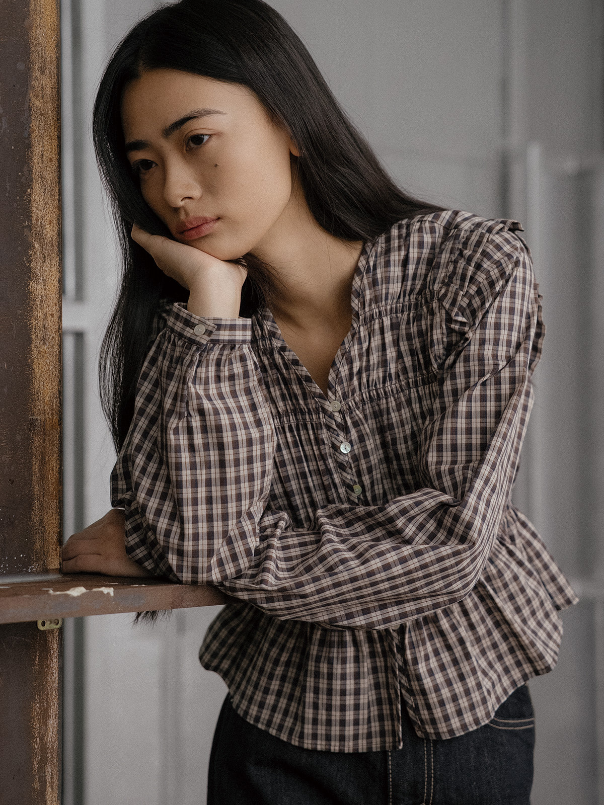 【購入特典】Check smoke shirring blouse FRFA02BL01_Brown