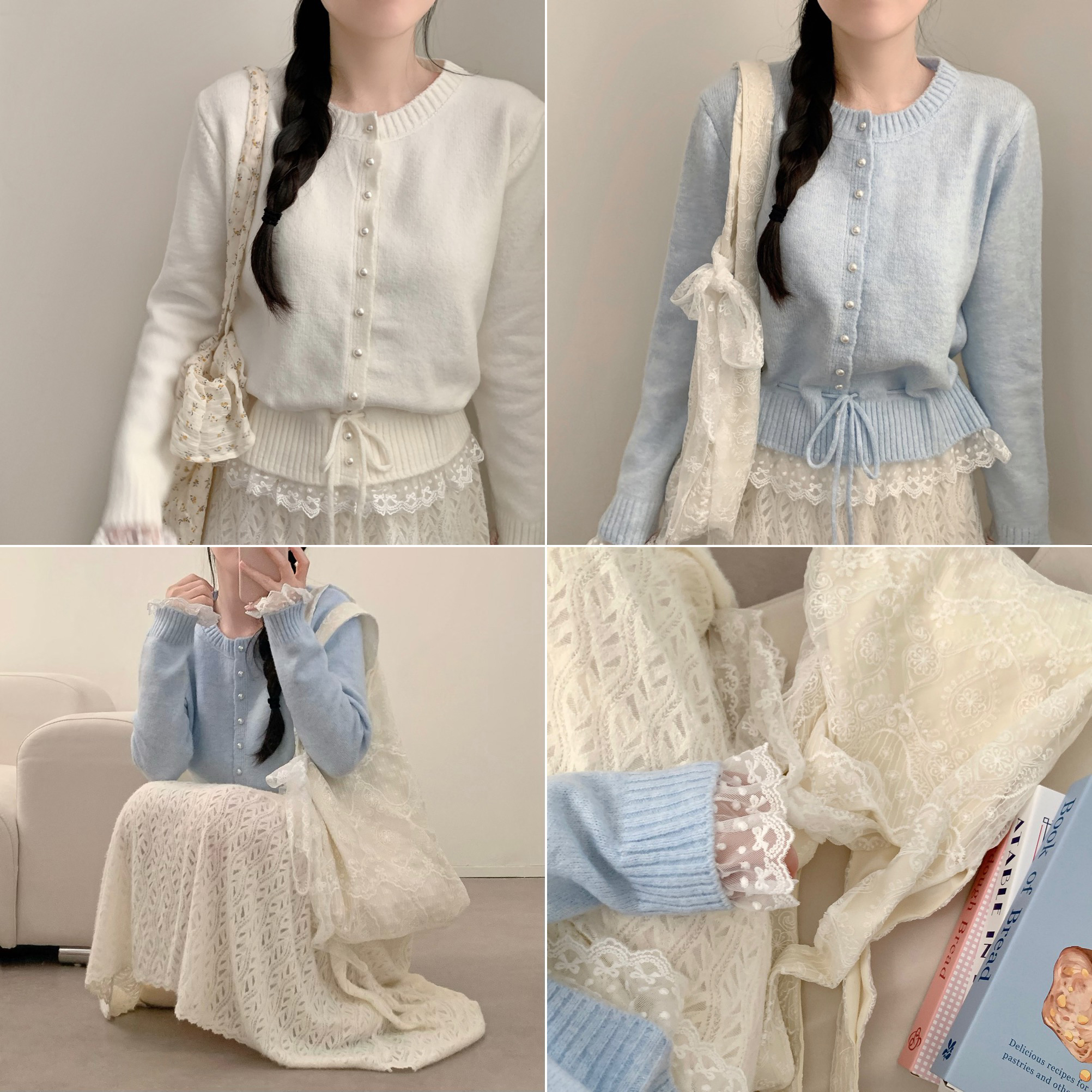 2color) パールボタンレースウエストマークカーディガン