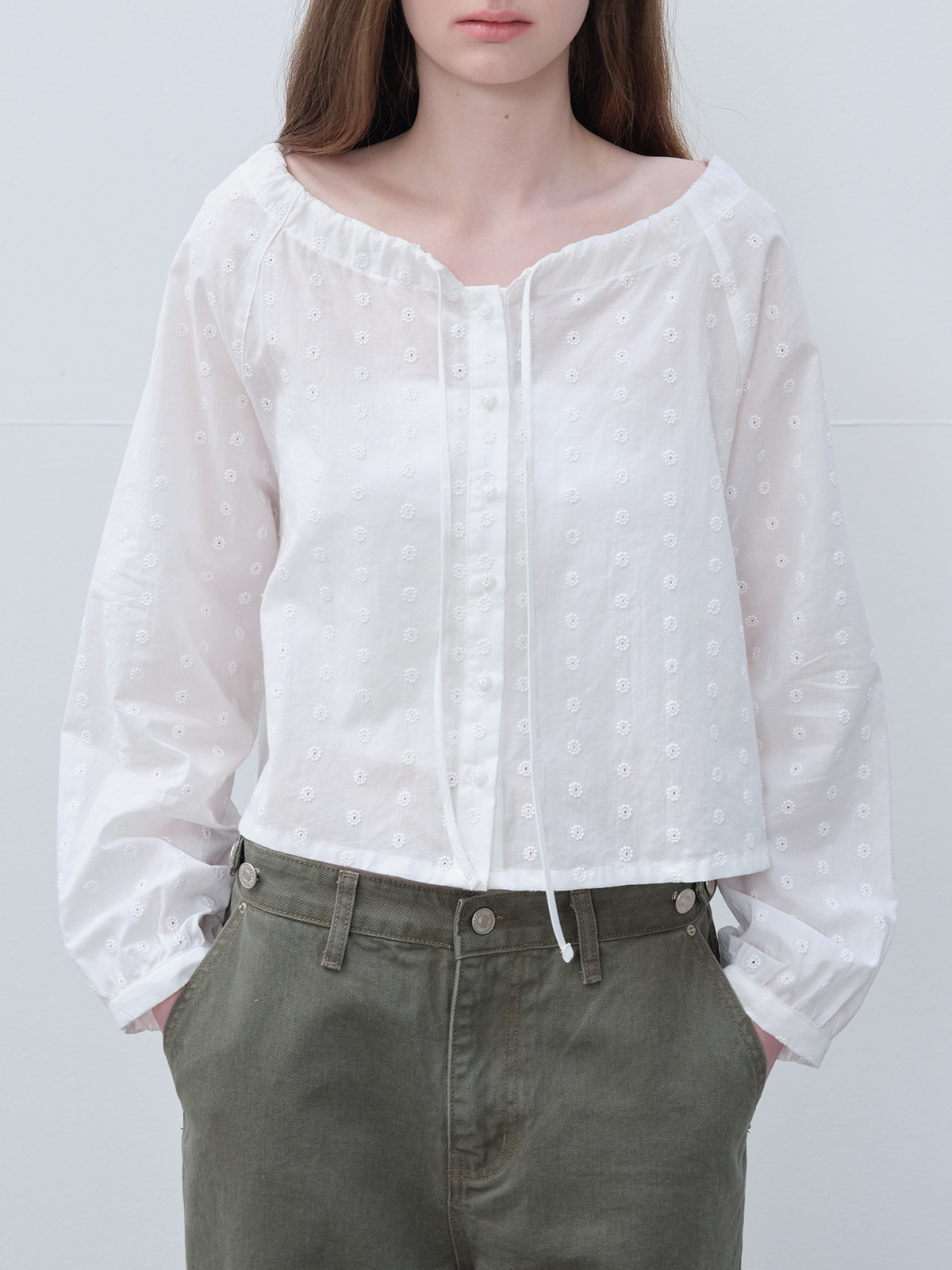 Flower eyelet tie blouse [FRSP06BL07]_White