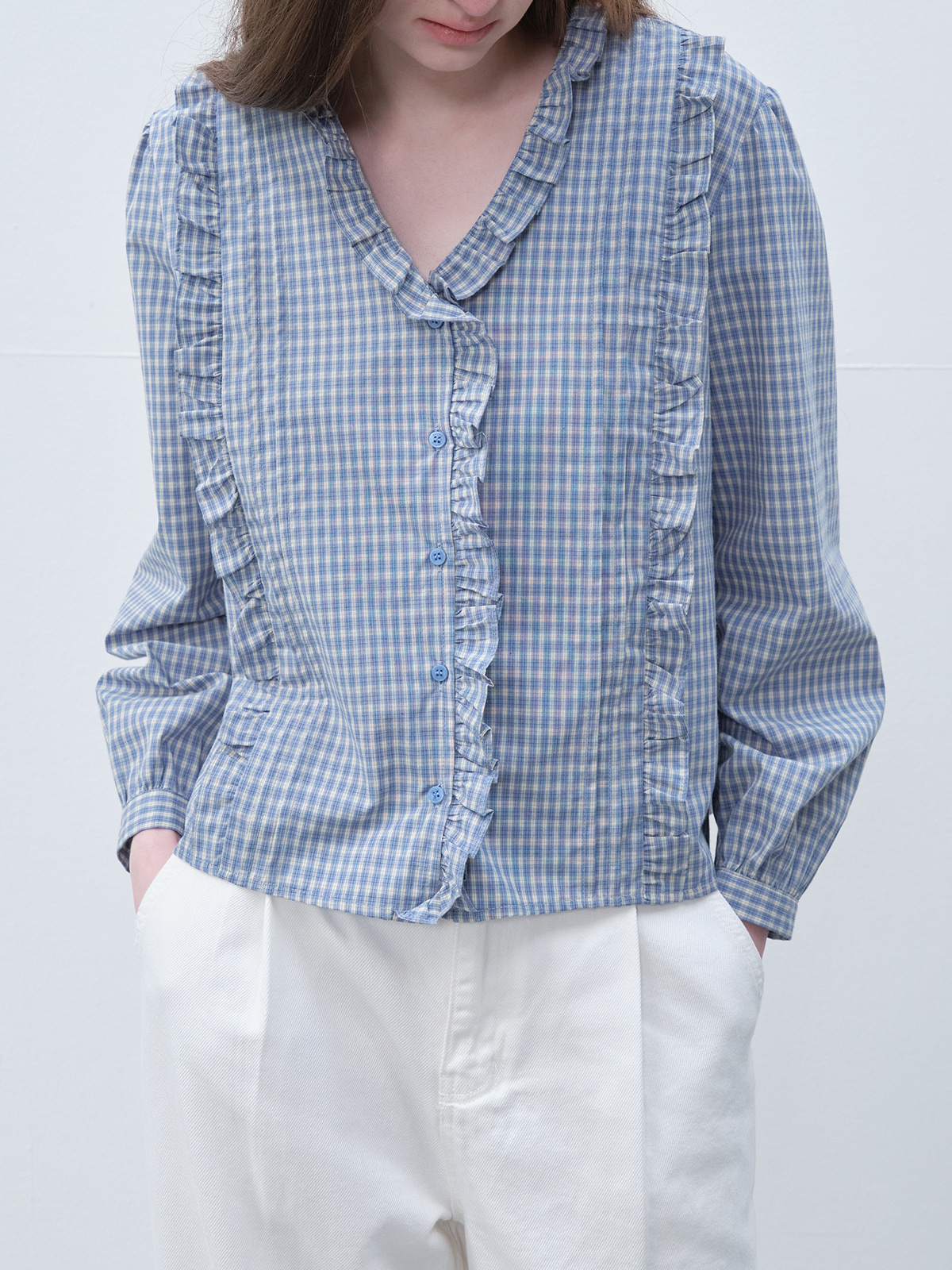 Check pintuck ruffle blouse [FRSP06BL09]_Sky blue