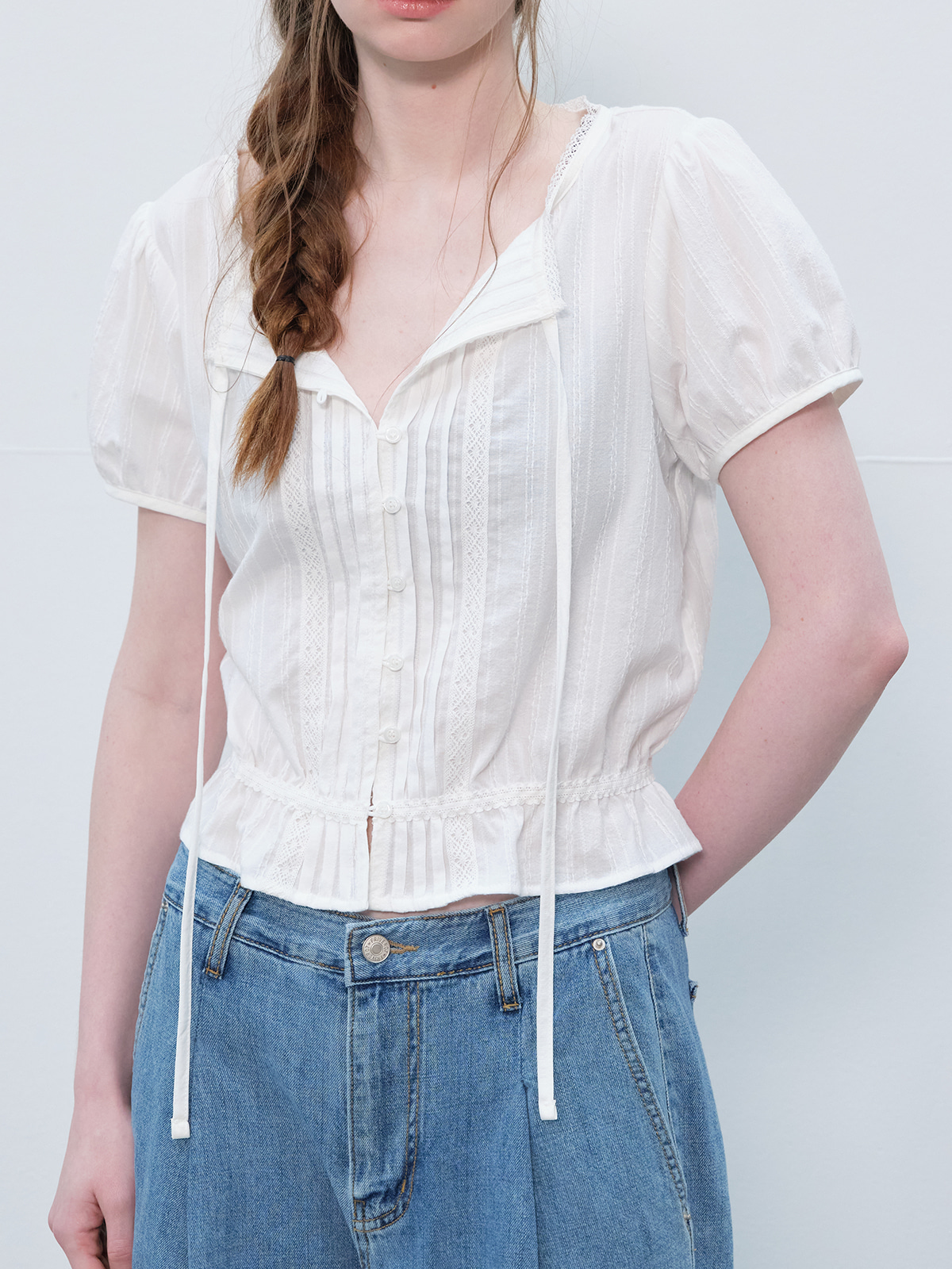 Lace pintuck shirring blouse [FRSP06BL14]_Ivory