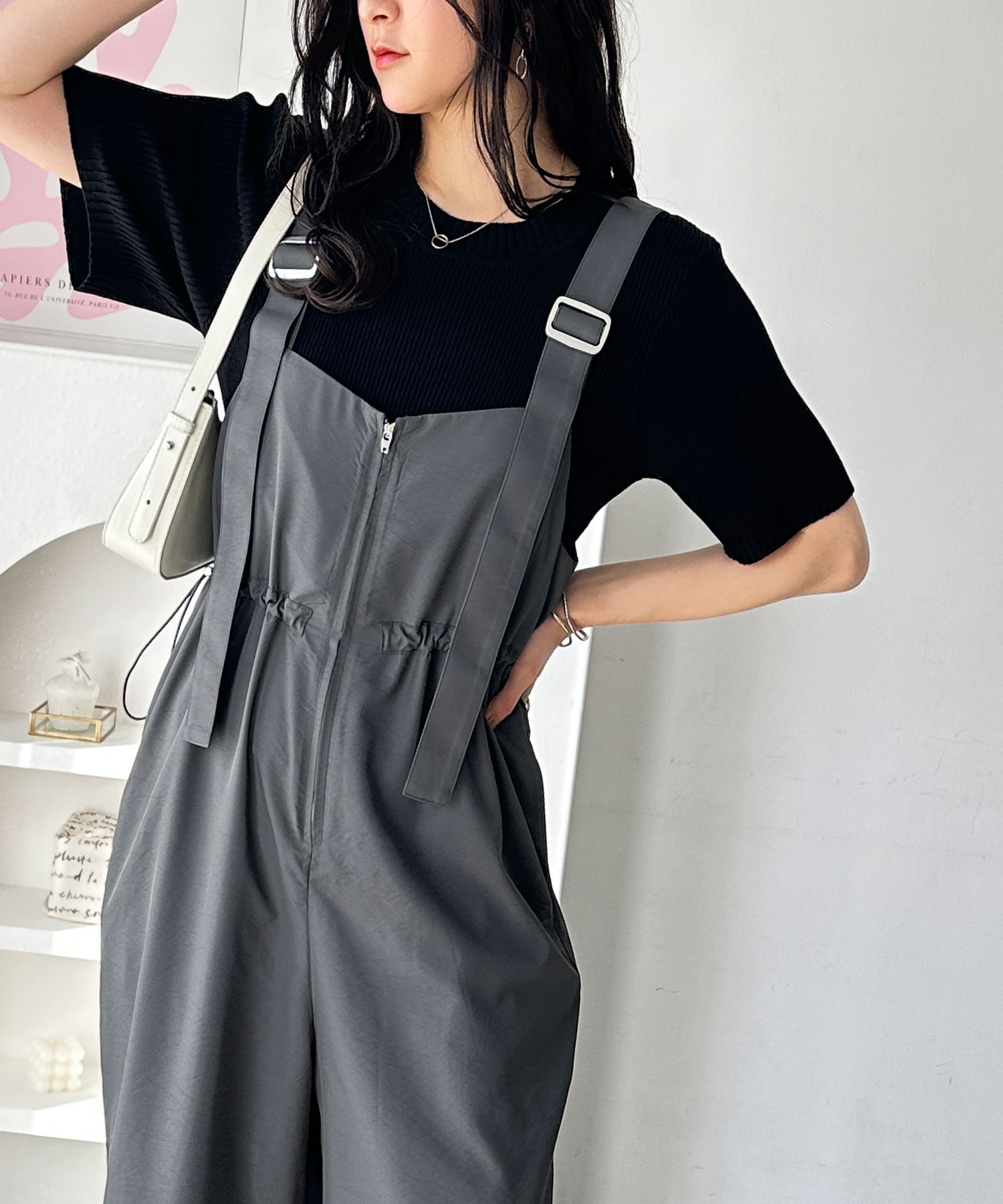 フロントジップナイロンミリタリーワイドサロペット | ファッション