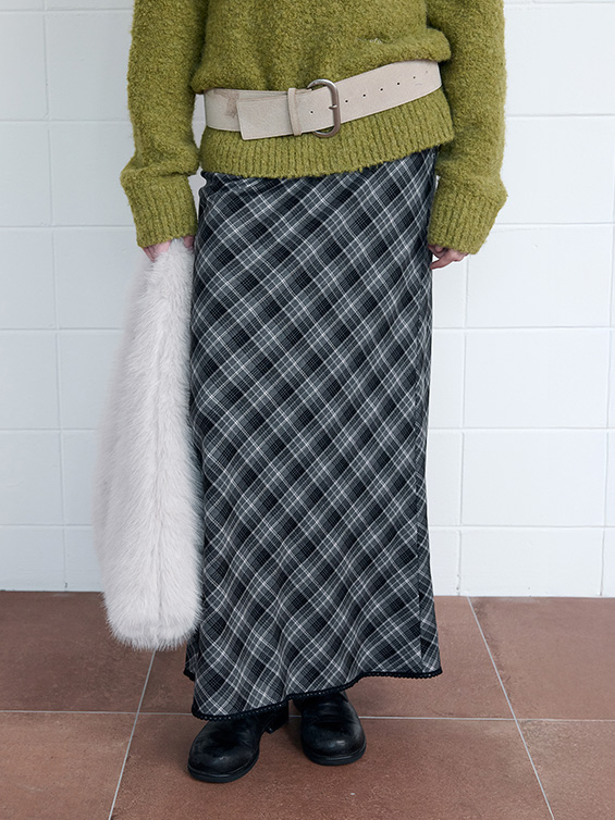 CHECK SLIM LONG SKIRT GRAY