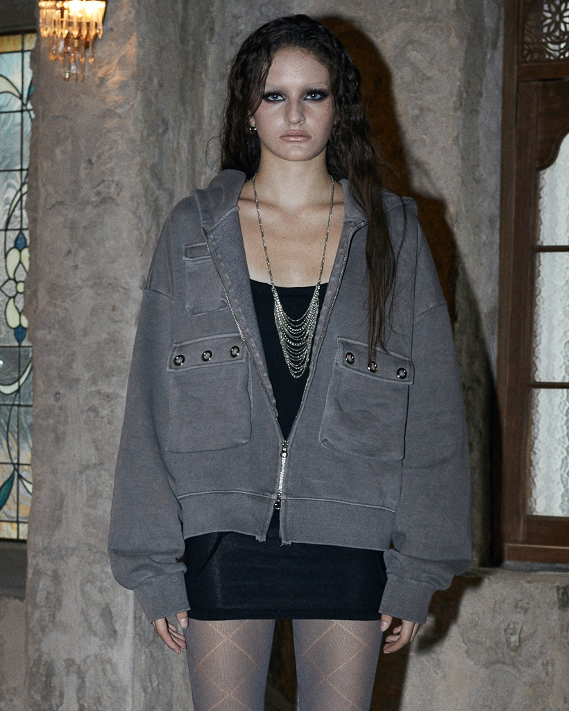 Eyelet Pocket Hood Zip-Up (CHARCOAL)