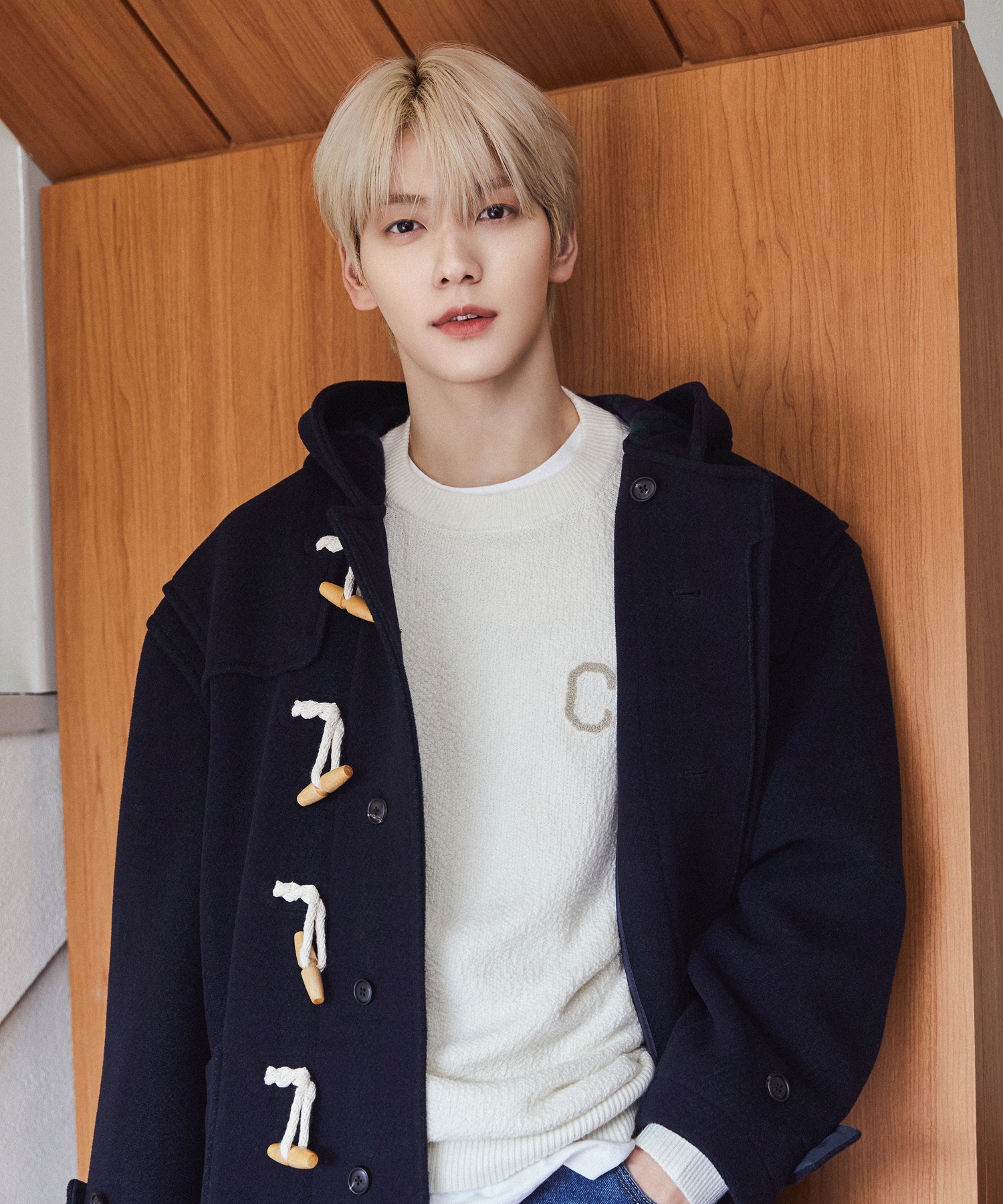 CHECKED HOODED DUFFLE COAT - Dark Navy