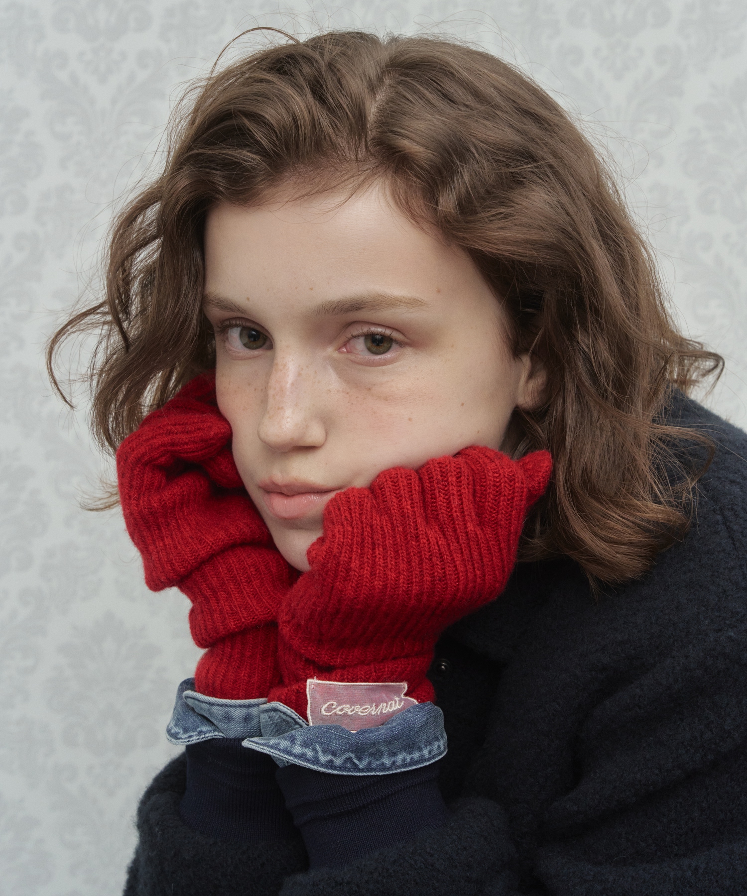 WOMAN CLOVER HEART MELANGE TIP LAMBSWOOL GLOVES - Red