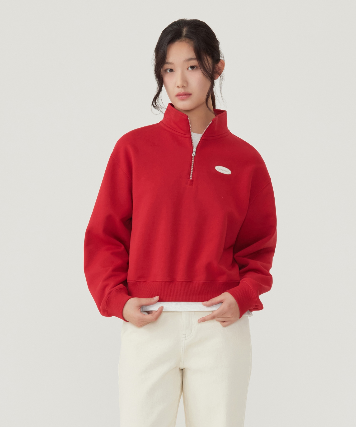 WOMEN HALF ZIP-UP SWEATSHIRT - Red