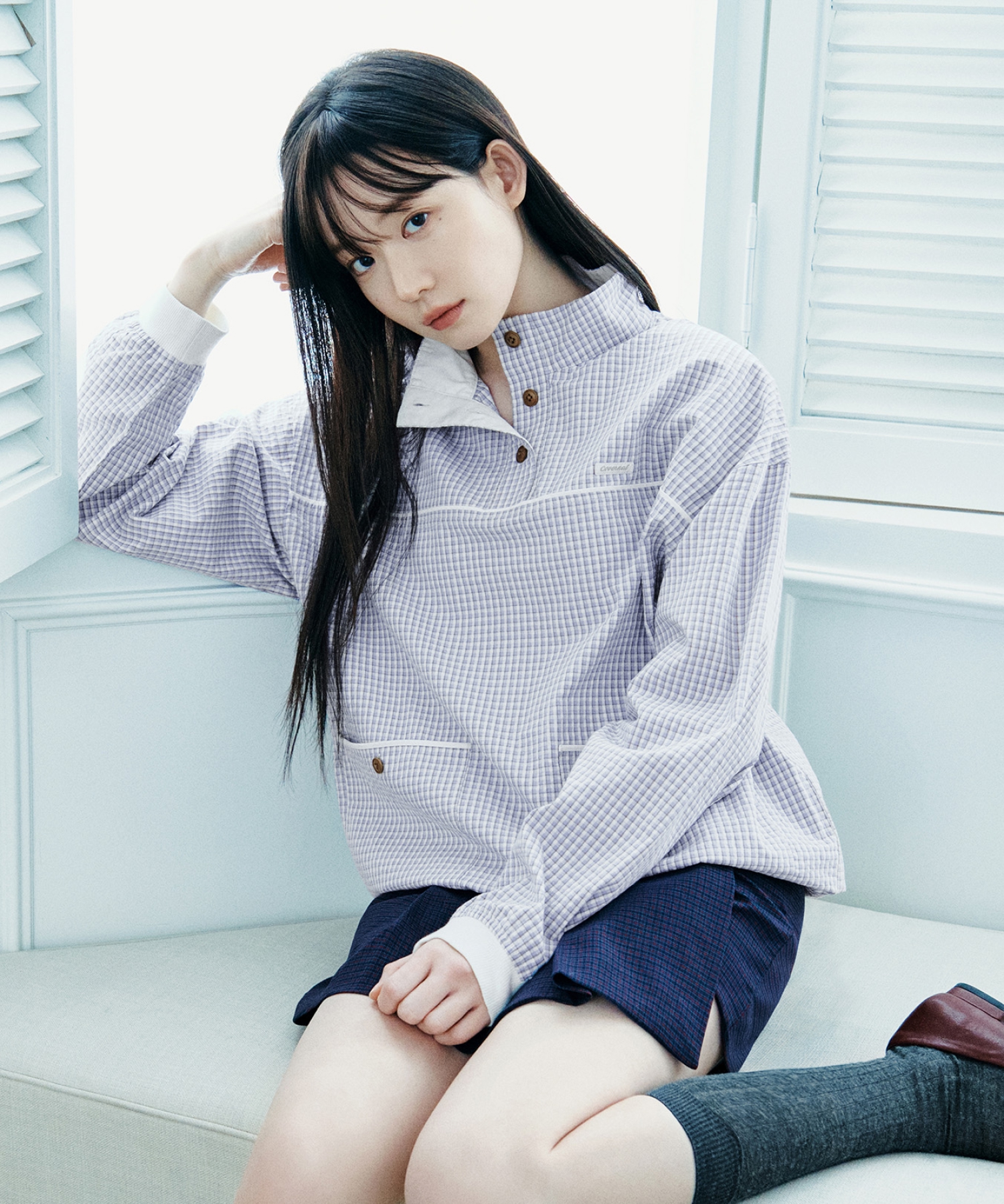 WOMAN CHECK COTTON HALF ZIP-UP SWEATSHIRT - Purple