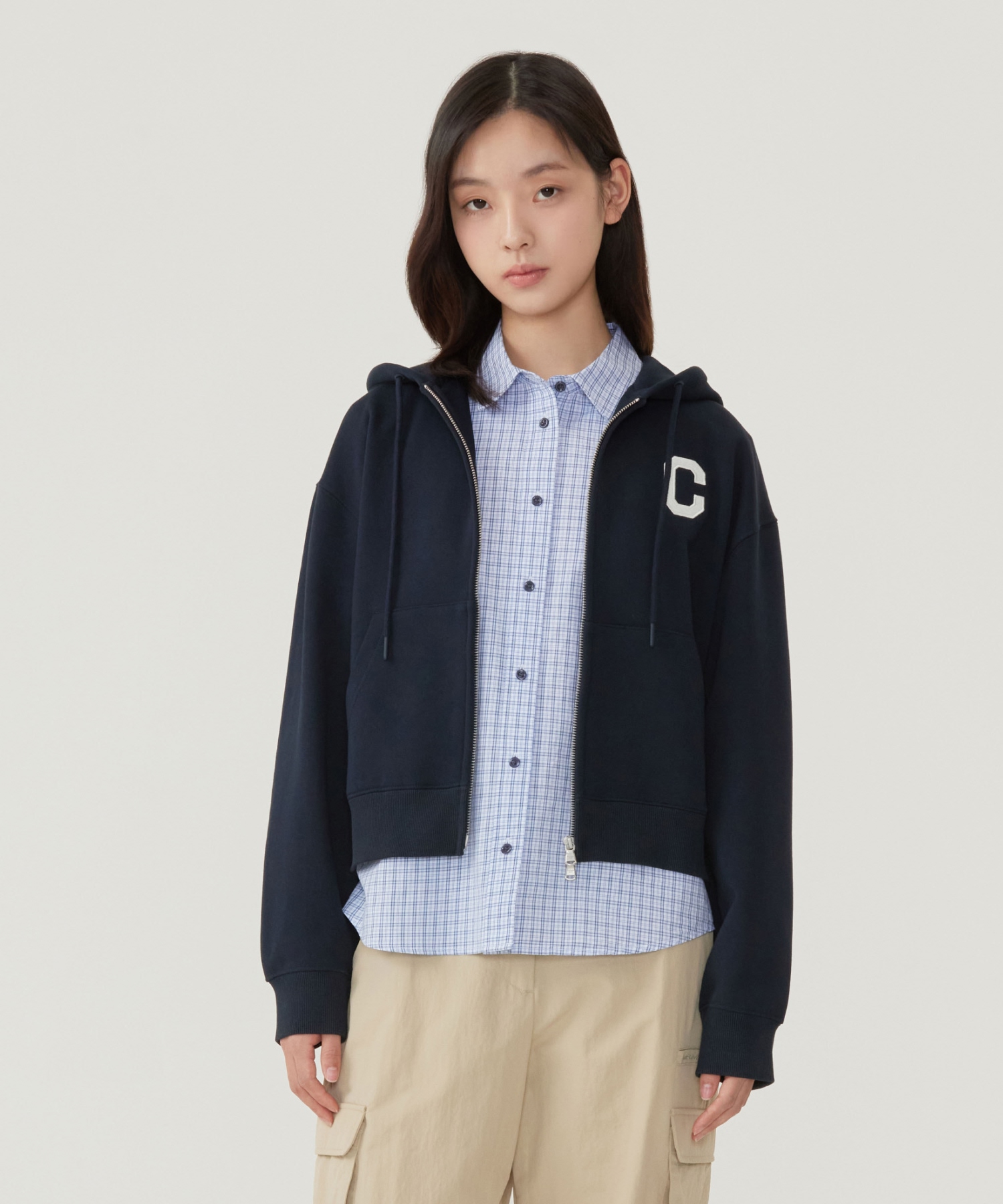 WOMEN C-LOGO ZIP-UP HOODIE - Navy