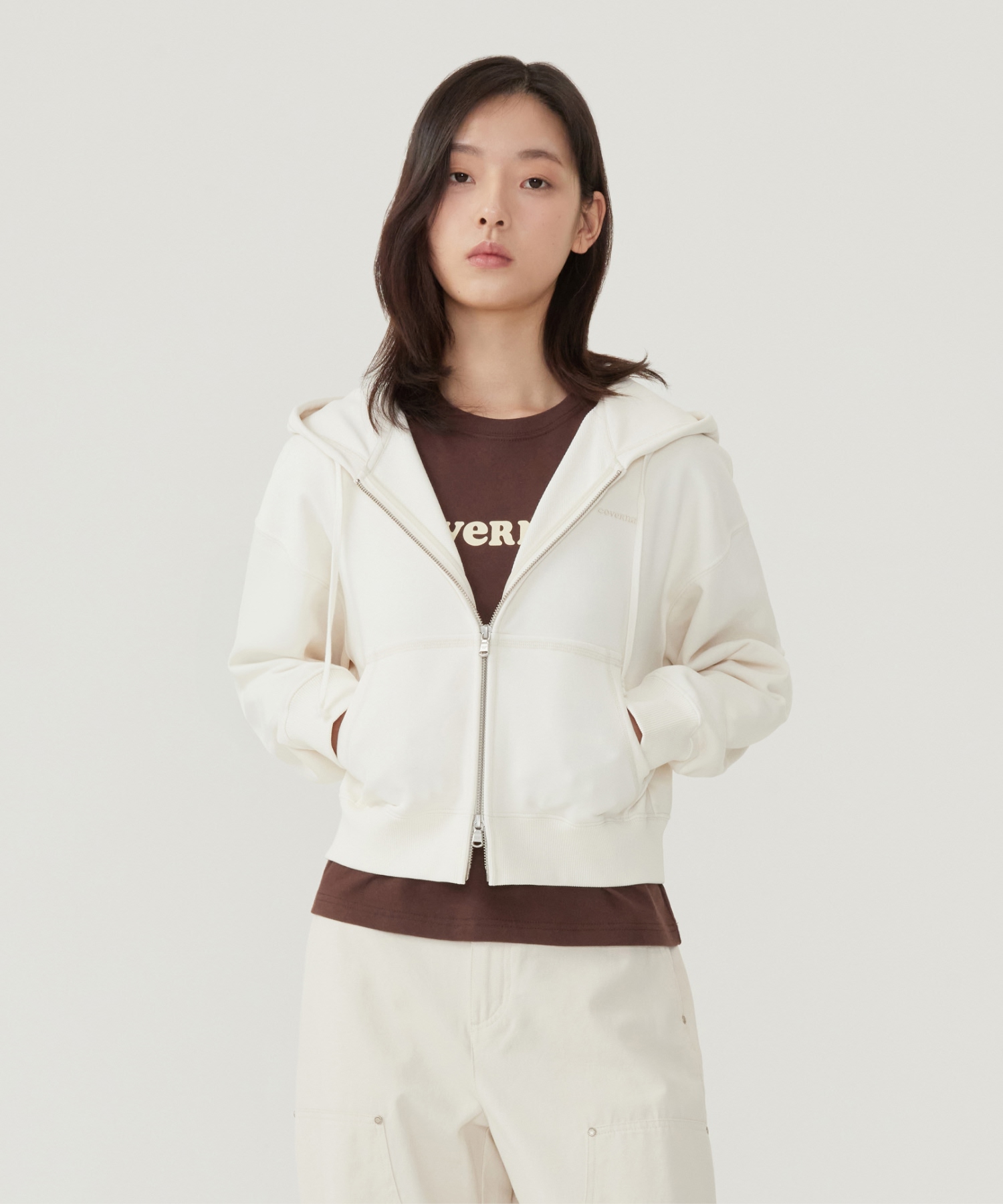 WOMEN BASIC SMALL LOGO ZIP-UP HOODIE - Ivory