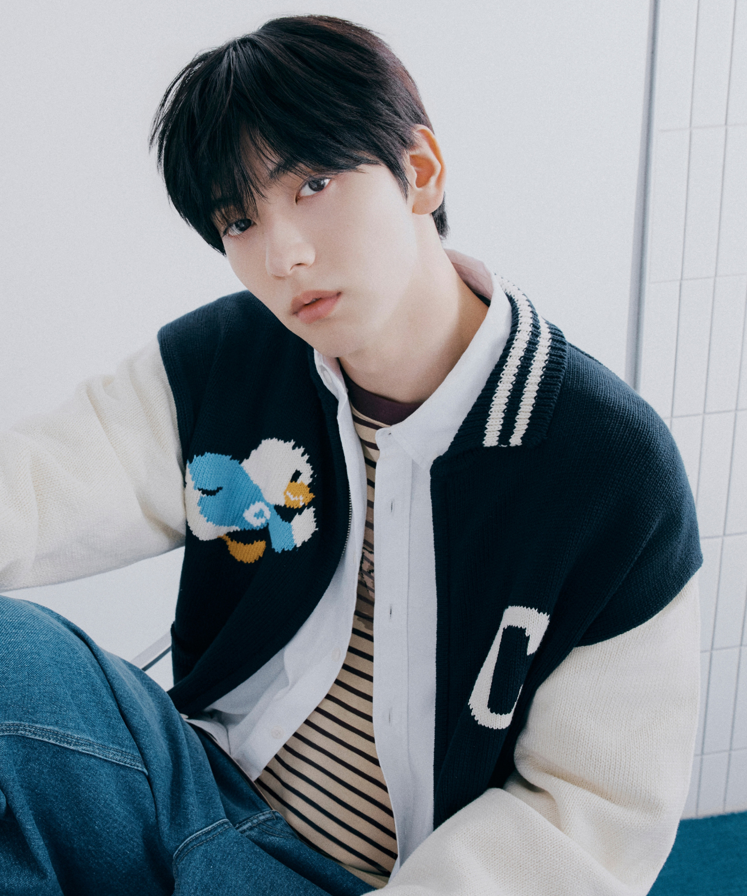 DUCK GRAPHIC KNIT VARSITY JACKET - Navy