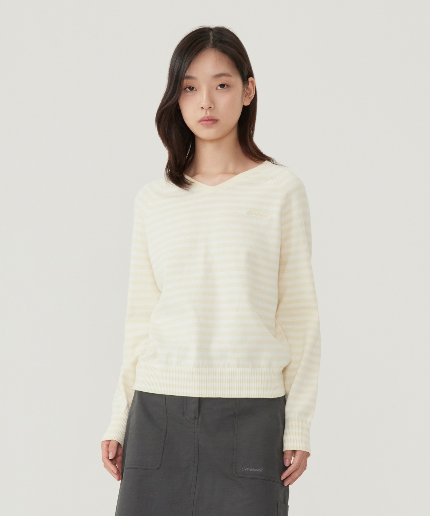WOMAN STRIPED V-NECK KNIT - Yellow