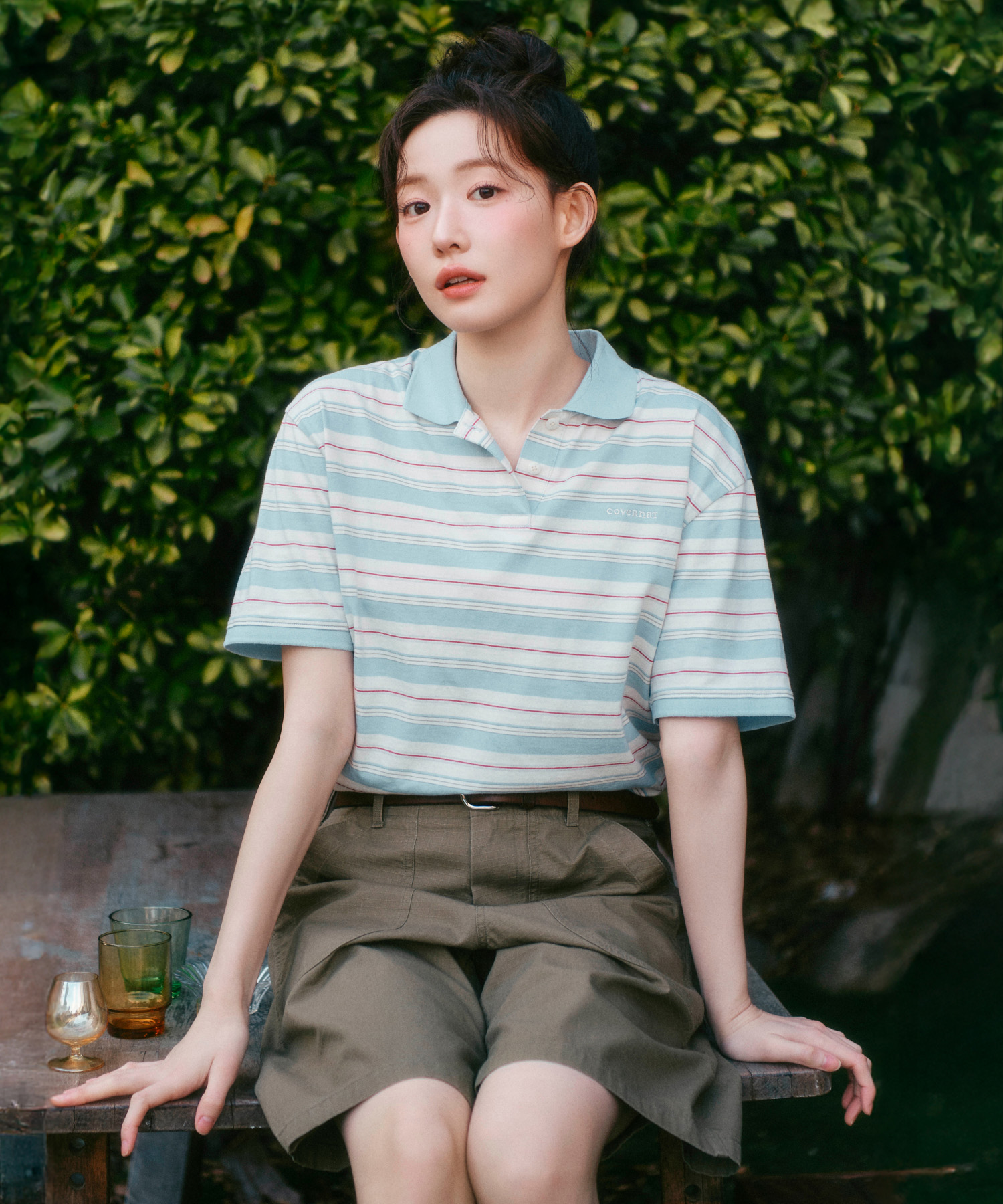 WOMEN COLLARED STRIPED T-SHIRT - Dusty Blue