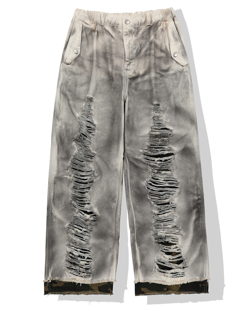 Camo Layered Destroyed Denim Pants - Ivory
