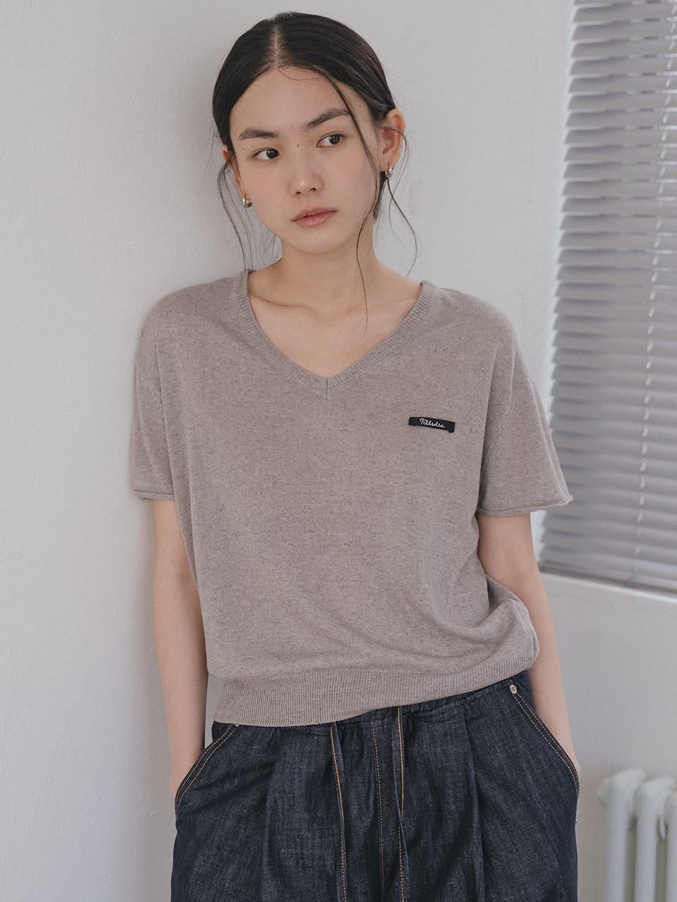 V-neck linen blended knit [TISU05TN03]_Gray