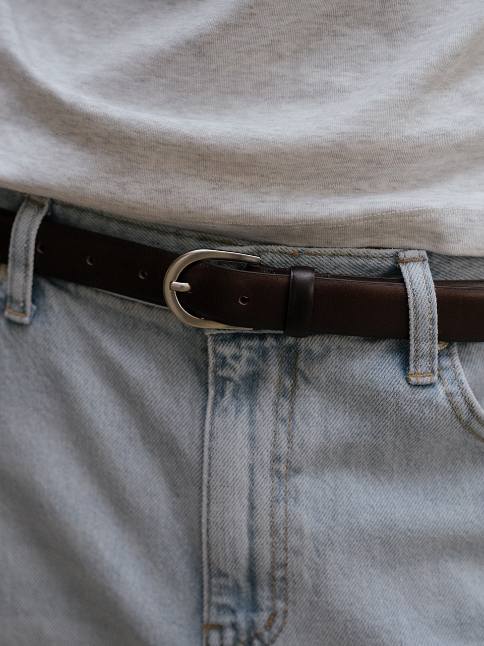 Italian leather classic plain belt_Silver&Dark brown