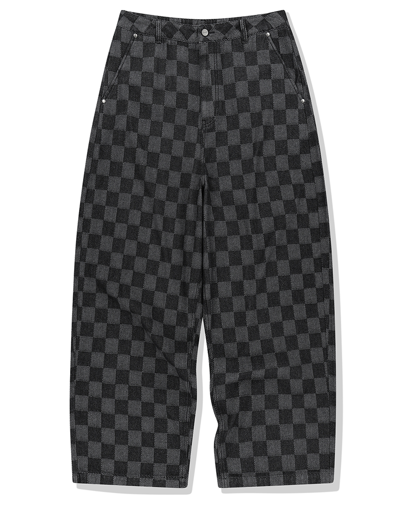 Checkerboard Baggy Fit Denim Pants - Black