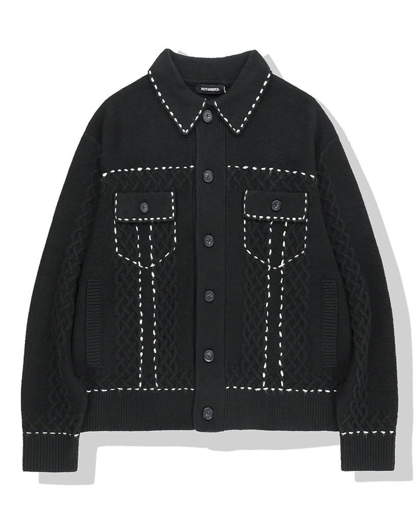 [nugu限定商品] Contrast Stitch Knit Trucker Jacket - Black