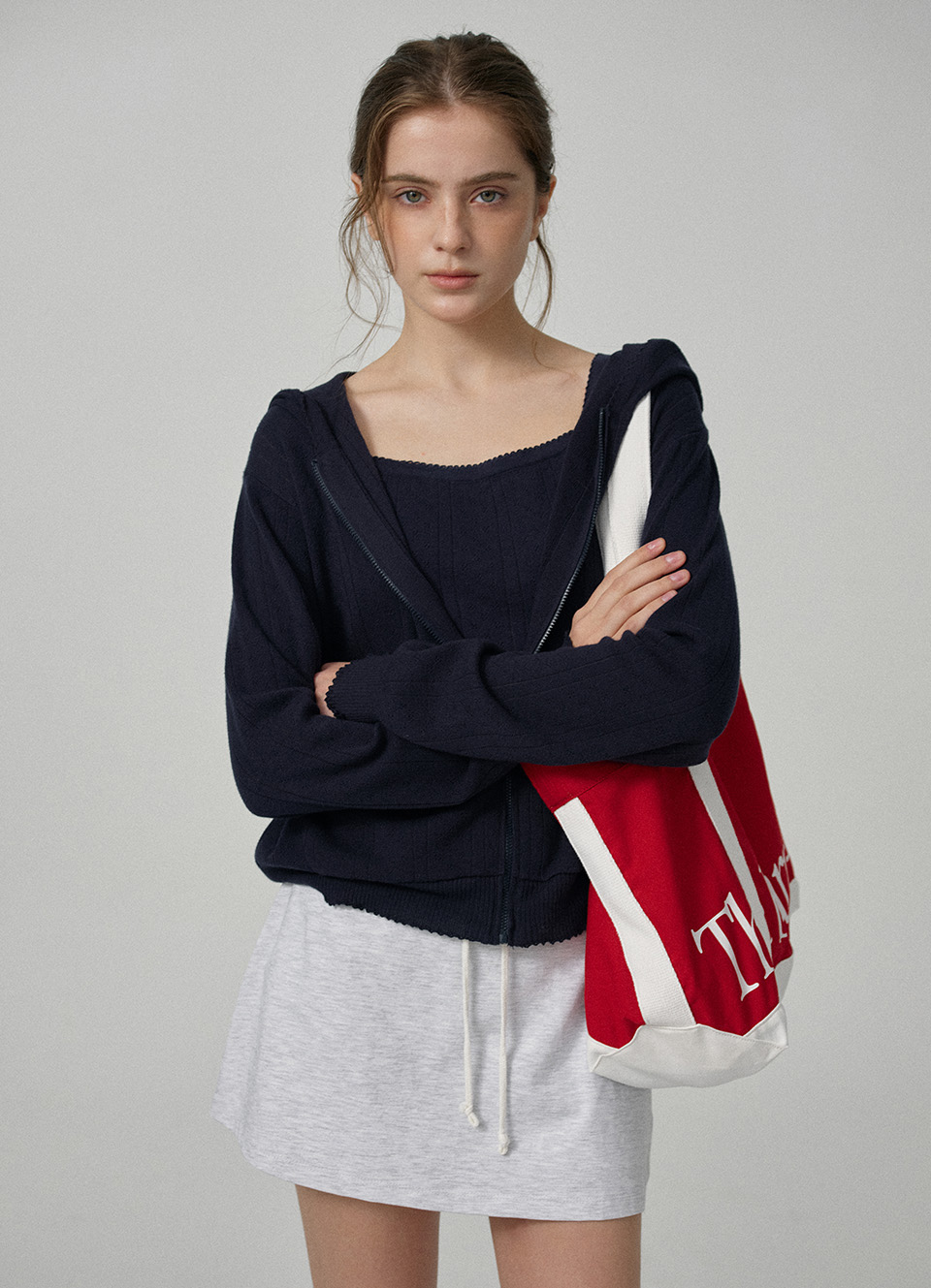 Cotton Eyelet Hooded Knit_Navy