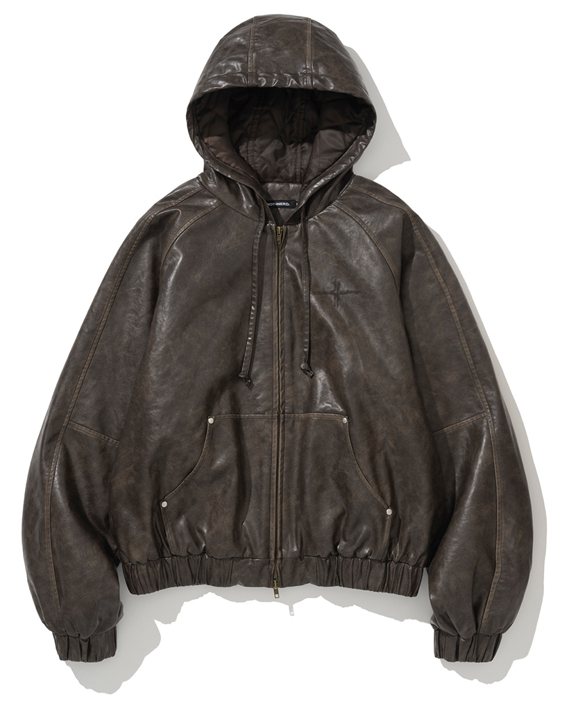 Crop Leather Vintage Hooded Jacket - Brown