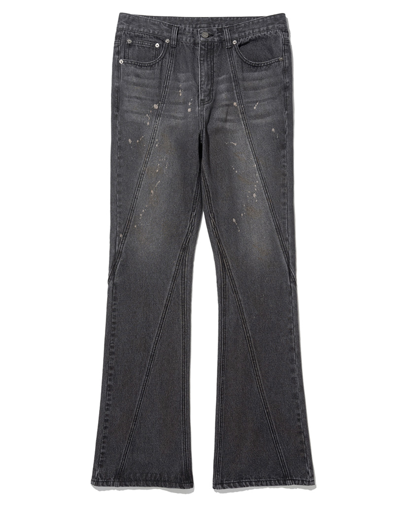 Curved Dirty Wash Bootscut Denim Pants - Black