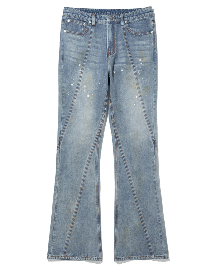 Curved Dirty Wash Bootscut Denim Pants - Deep Blue