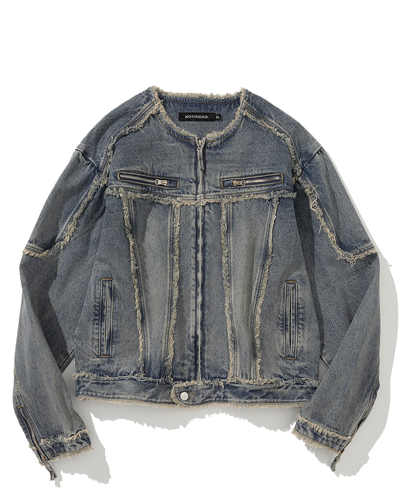 Cut Off Non-Collar Denim Jacket - Deep Blue