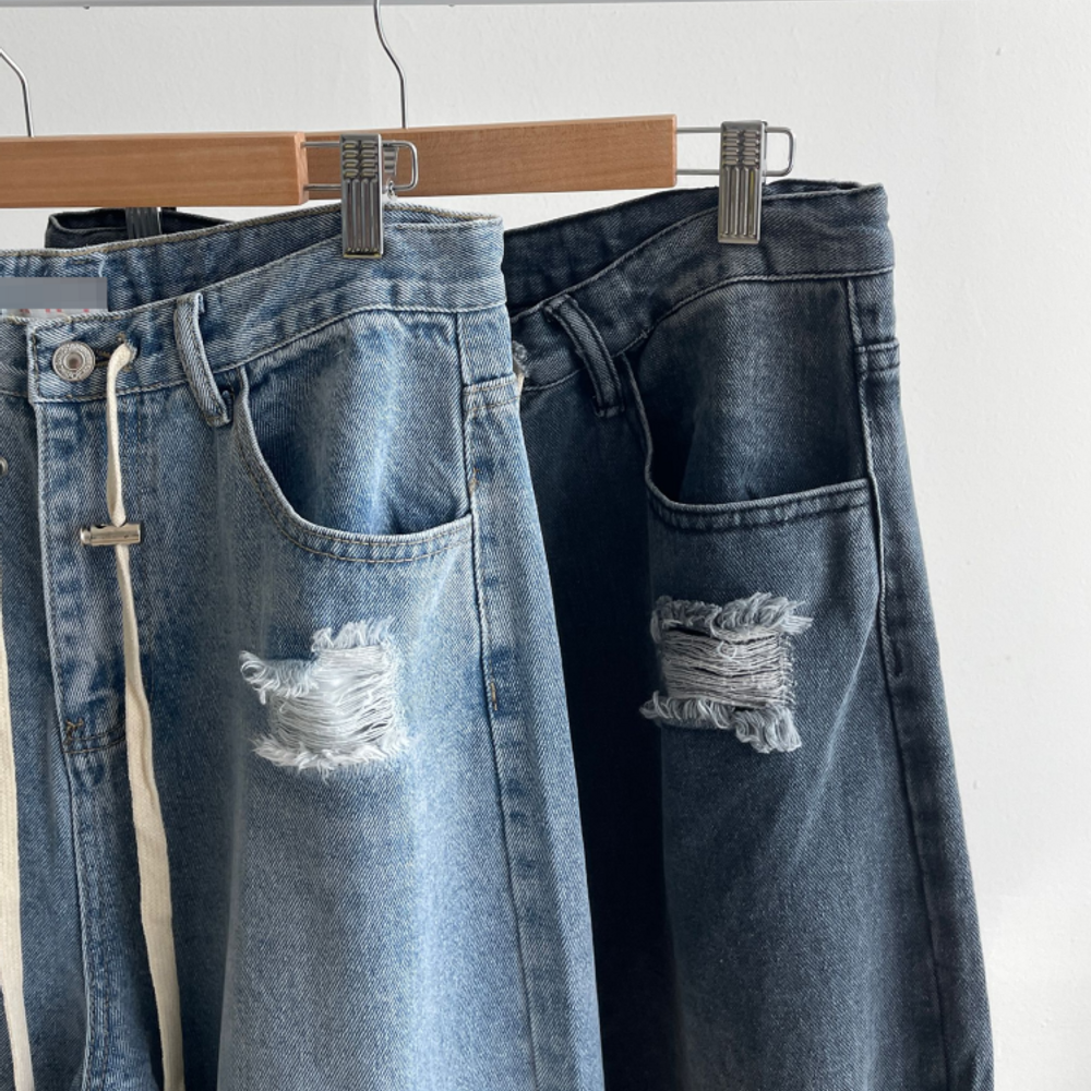 ストリングワイドダメージデニムパンツ | ファッション通販
