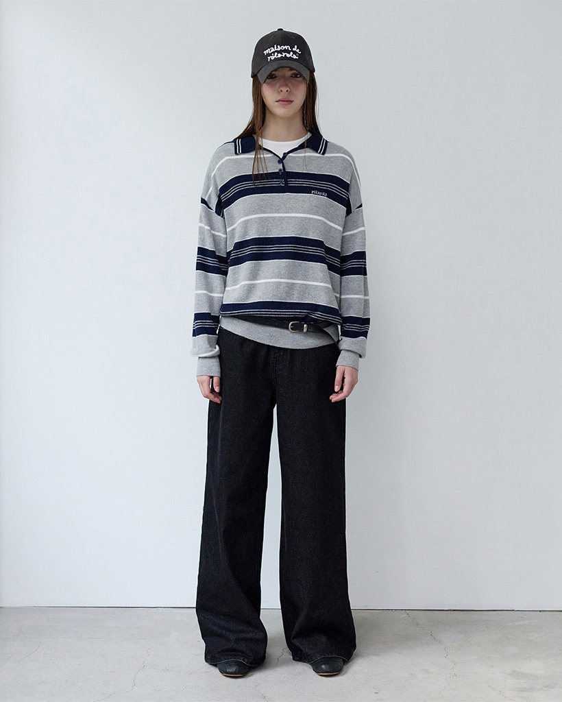 TCM stripe knit hooded zip-up (navy/black) | ファッション通販