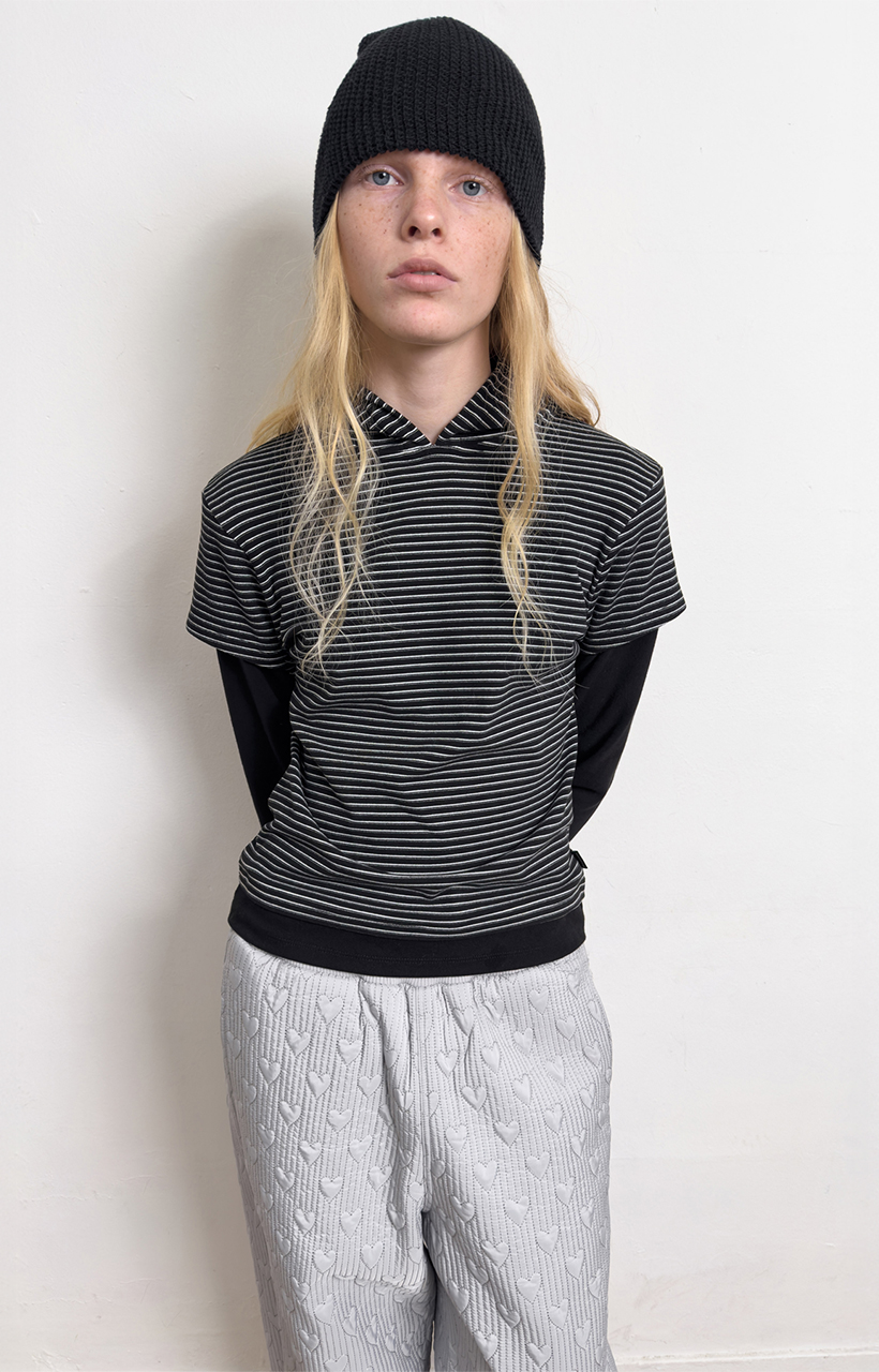 [yang x DIAGONAL] STRIPE HOODIE LAYERED TEE (black)