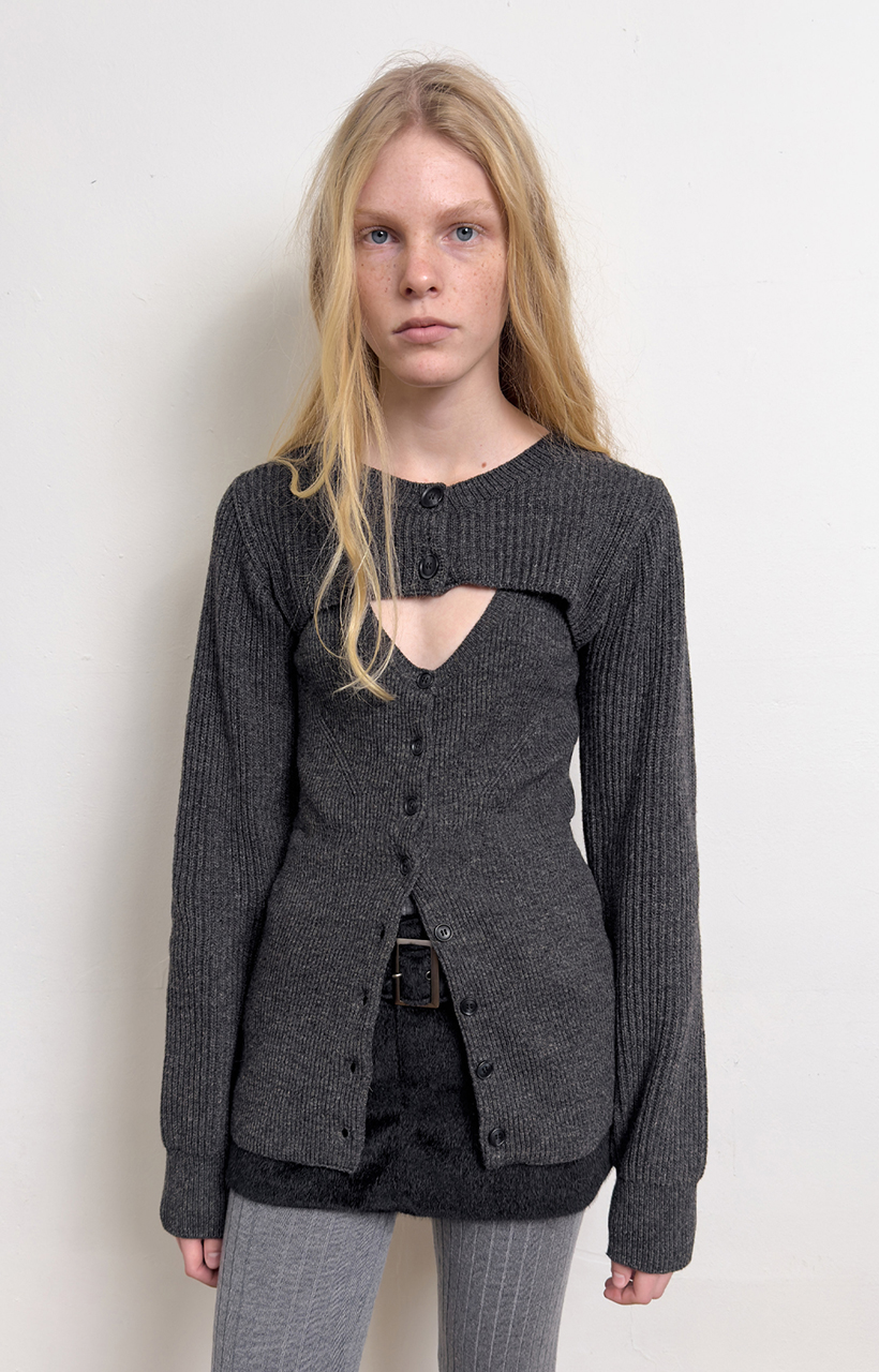 [KEI x DIAGONAL] BOLERO LAYERED KNIT CARDIGAN (dark grey)