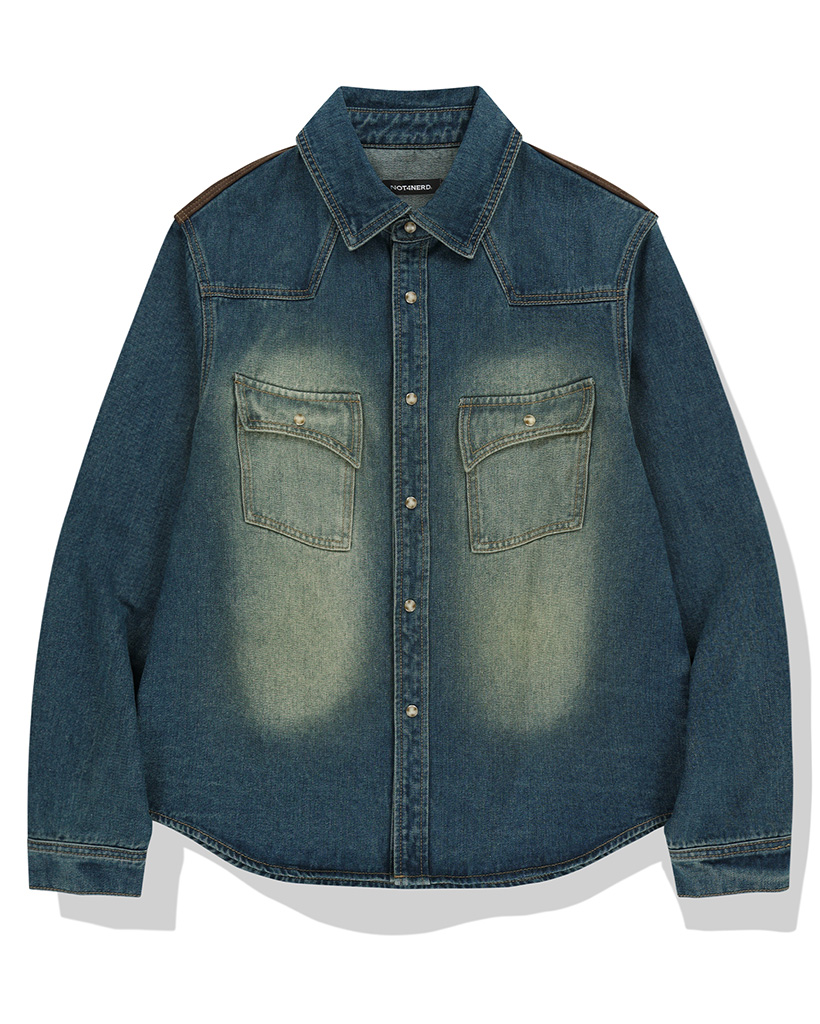 Paneled Suede Western Denim Shirt - Deep Blue