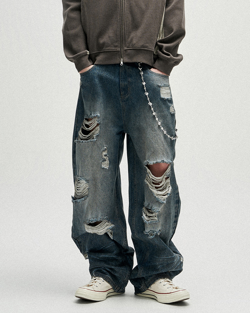 Hidden Symbol Distressed Denim Pants - Deep Blue