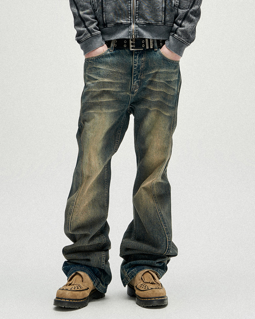 Warped Seam Flare Fit Denim Pants - Deep Blue