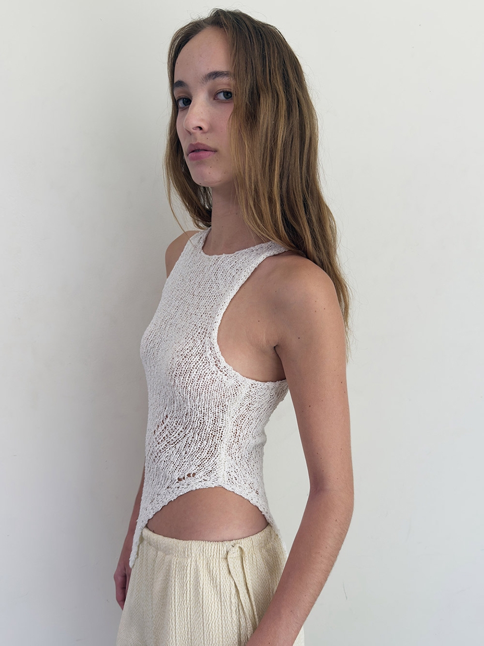 Ribbon Shirring Layered Sleeveless White | ファッション通販