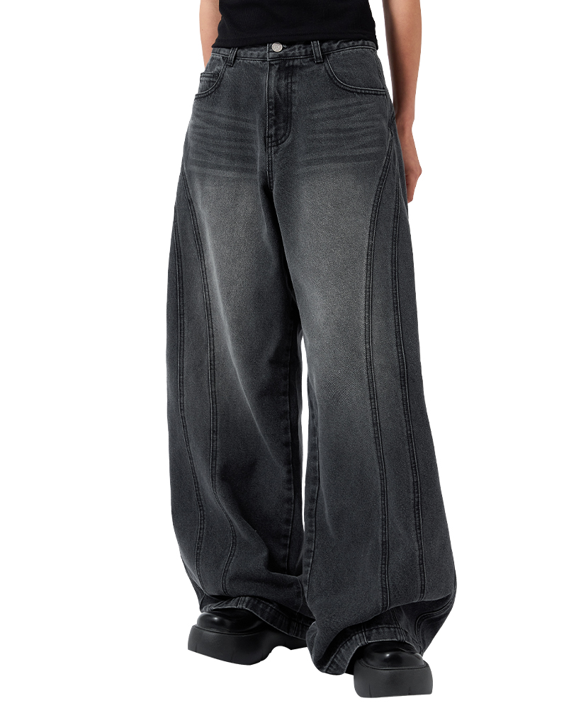 [Influencer pick] Curve Washed Snap Button Wide Denim Pants - GRAY
