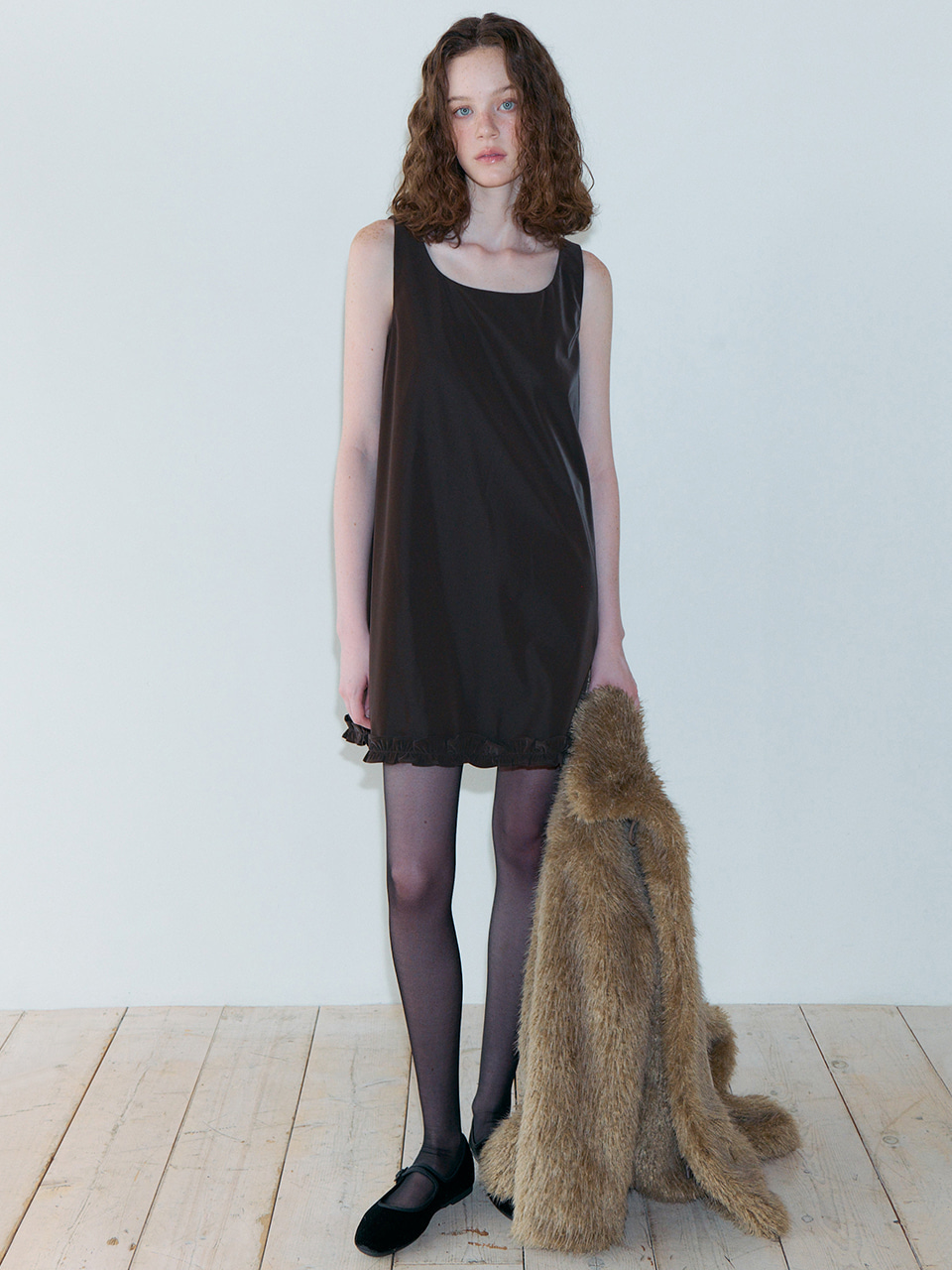 Frill Sleeveless Mini Dress, Brown