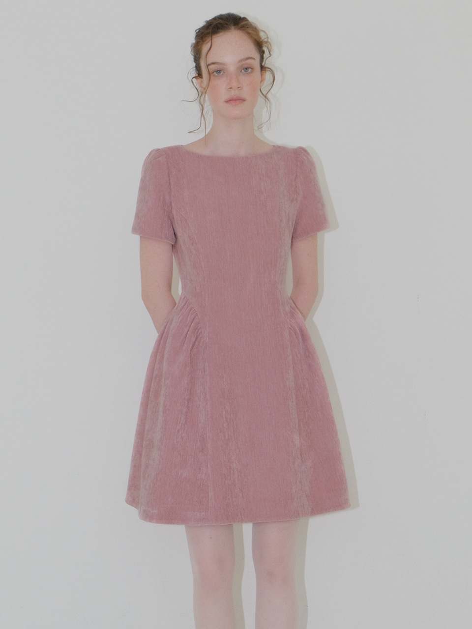 Shirring Flare Mini Dress, Pink