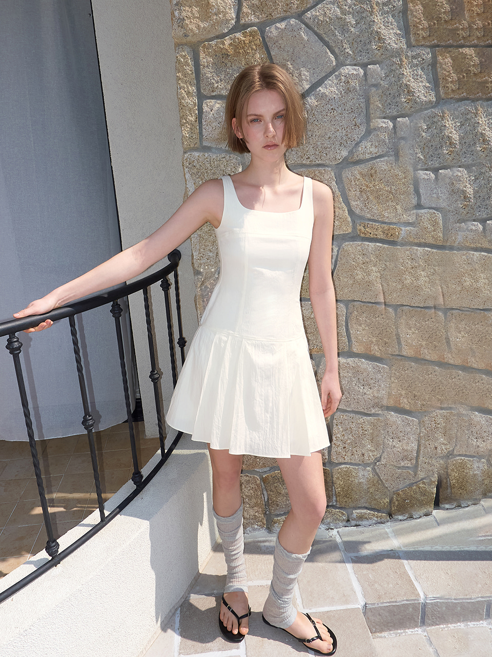 Pintuck Stitch Sleeveless Dress, Cream
