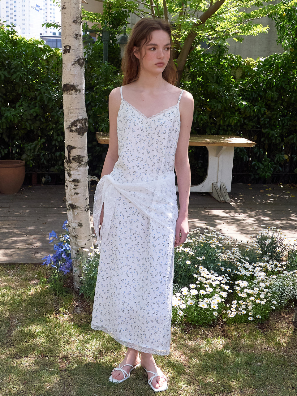 Slip Scarf-Tie Floral Dress, Blue