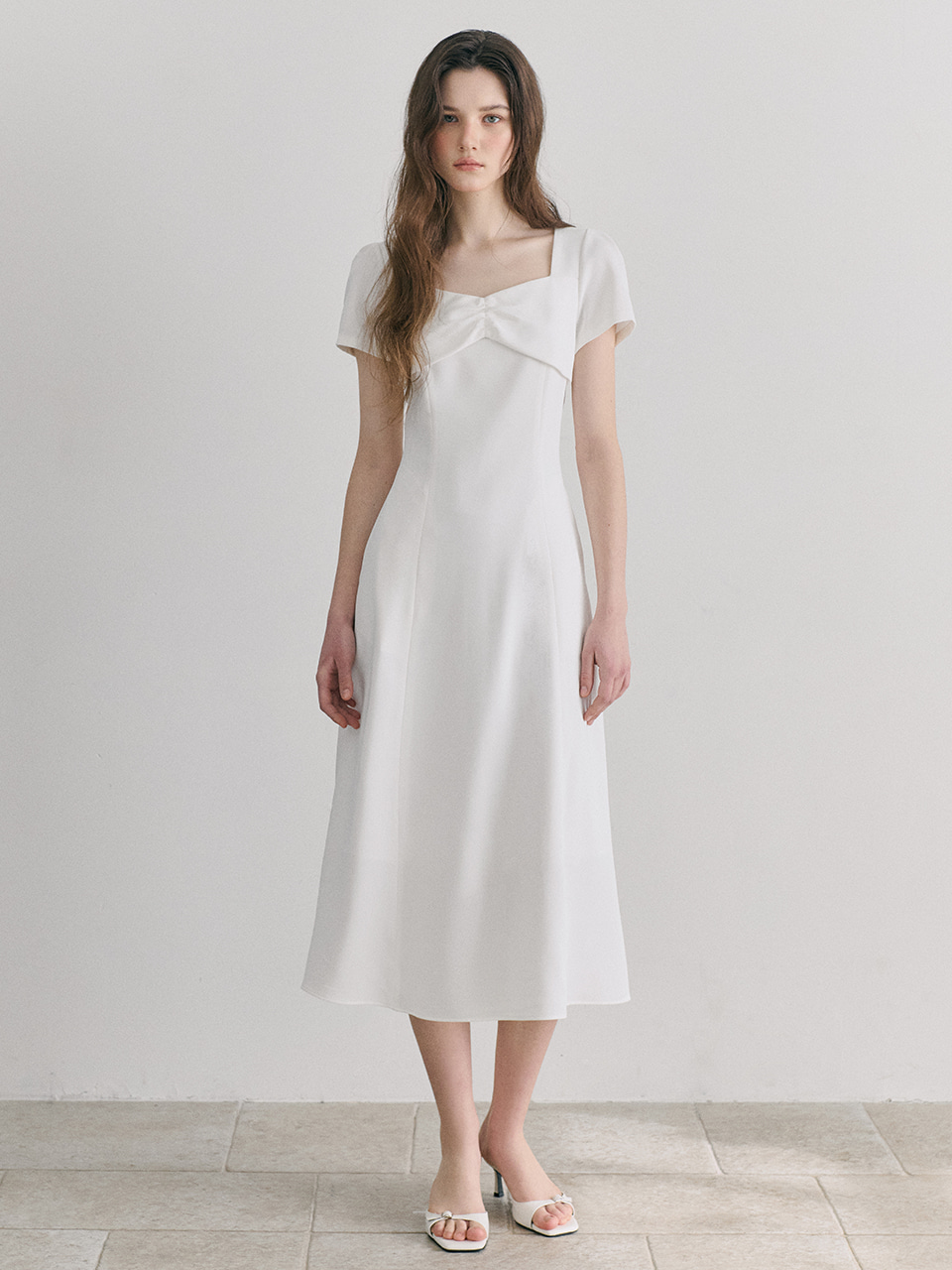 Heart Neck Ribbon Dress, White