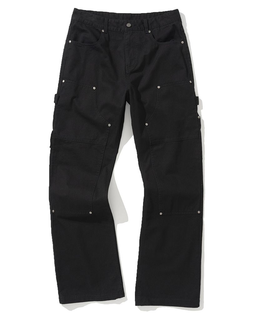 Double Knee Carpenter Flare Fit Cotton Pants - Black