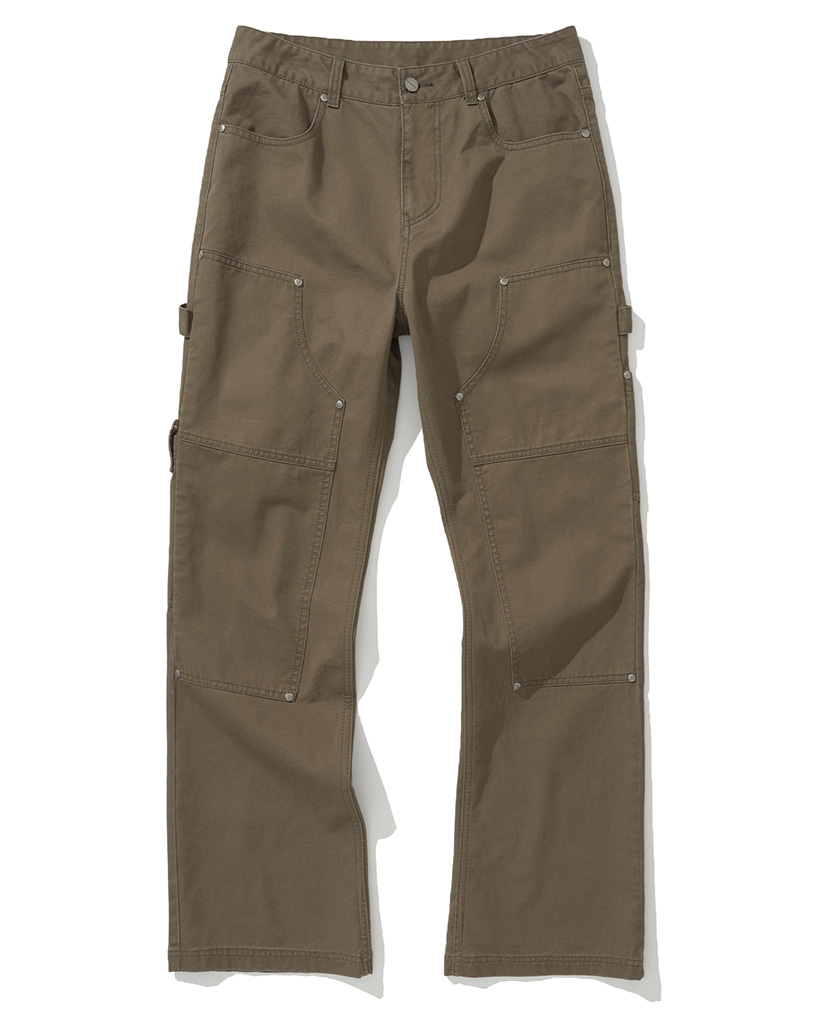Double Knee Carpenter Flare Fit Cotton Pants - Khaki