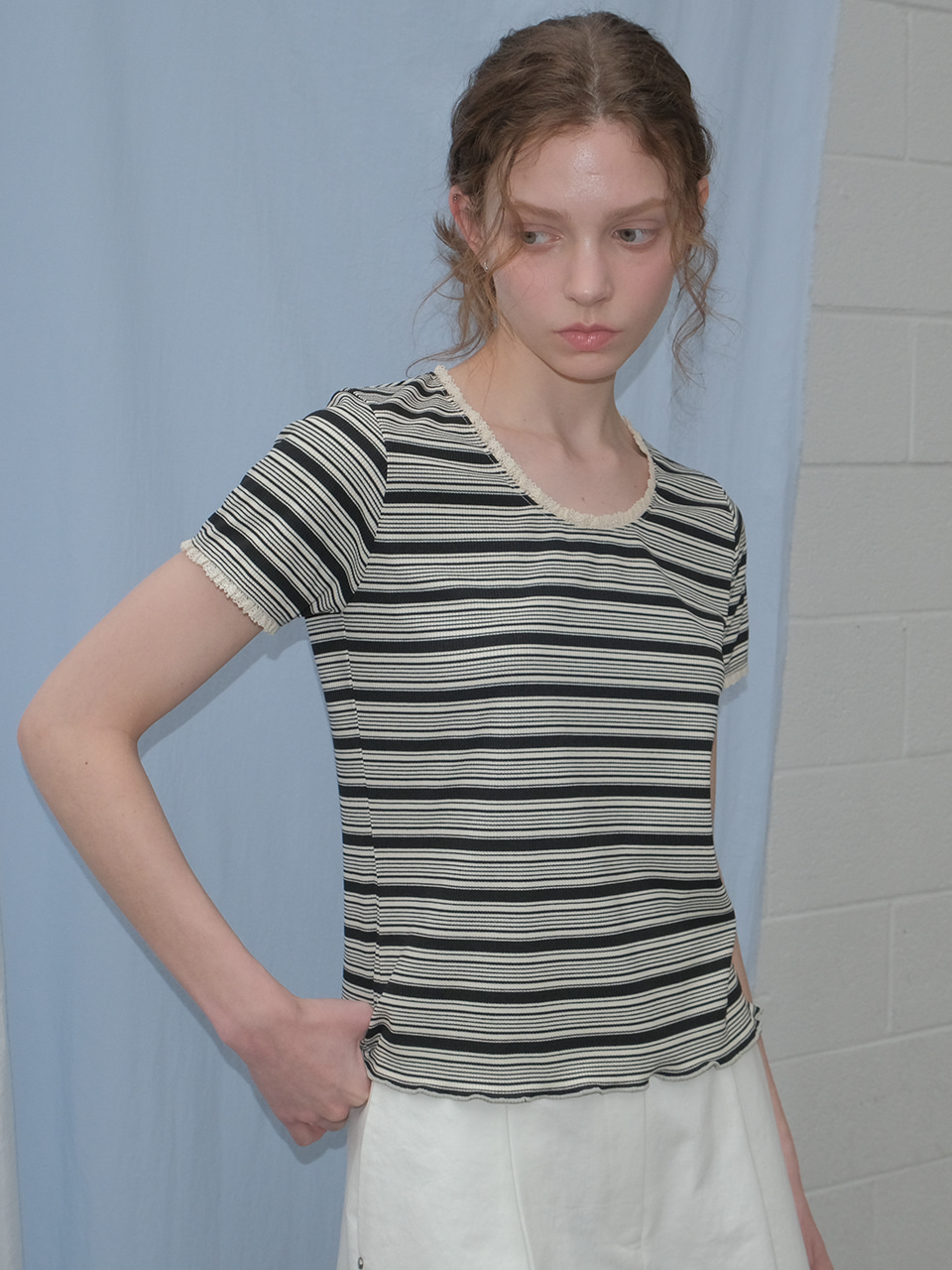 Lace stripe rib T-shirt [KNSS05TS16]_Ivory